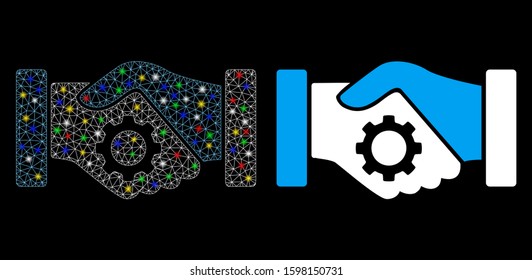 Glowing mesh smart contract handshake icon with sparkle effect. Abstract illuminated model of smart contract handshake. Shiny wire carcass triangular mesh smart contract handshake icon.