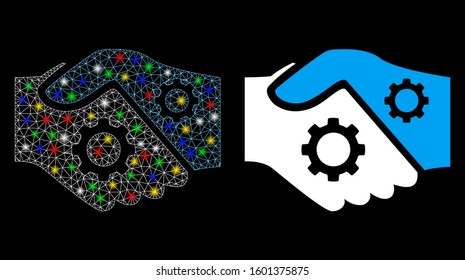 Glowing mesh smart contract handshake icon with glare effect. Abstract illuminated model of smart contract handshake. Shiny wire frame polygonal mesh smart contract handshake icon.