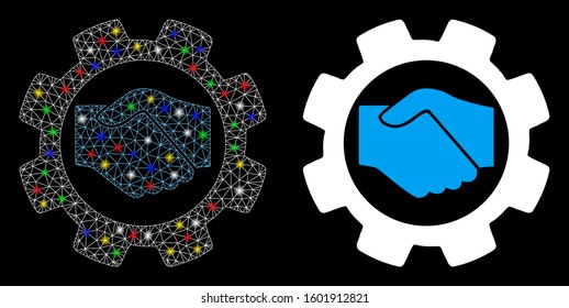 Glowing mesh smart contract setup gear icon with glare effect. Abstract illuminated model of smart contract setup gear. Shiny wire carcass polygonal mesh smart contract setup gear icon.