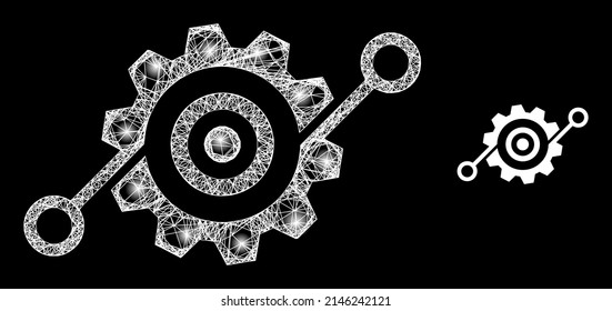 Glowing mesh smart gearwheel with lightspots. Linear frame 2D network generated with intersected white lines and smart gearwheel icon.