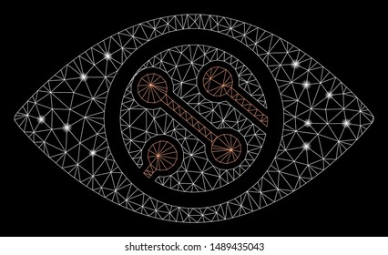 Glowing mesh smart lens with glitter effect. Abstract illuminated model of smart lens icon. Shiny wire frame triangular mesh smart lens. Vector abstraction on a black background.