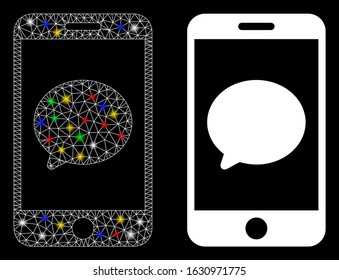 Glowing mesh smartphone chat message icon with glare effect. Abstract illuminated model of smartphone chat message. Shiny wire carcass triangular mesh smartphone chat message icon.