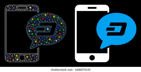 Glowing mesh smartphone Dash message icon with glow effect. Abstract illuminated model of smartphone Dash message. Shiny wire frame triangular mesh smartphone Dash message icon.