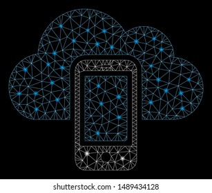 Glowing mesh smartphone with glare effect. Abstract illuminated model of smartphone icon. Shiny wire carcass polygonal mesh smartphone. Vector abstraction on a black background.