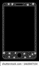 Glowing mesh smartphone with glitter effect. Abstract illuminated model of smartphone icon. Shiny wire frame polygonal mesh smartphone. Vector abstraction on a black background.