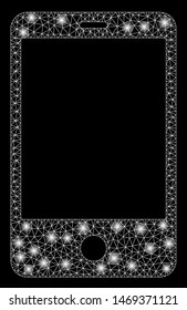 Glowing mesh smartphone with glow effect. Abstract illuminated model of smartphone icon. Shiny wire carcass triangular mesh smartphone. Vector abstraction on a black background.