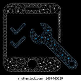 Glowing mesh smartphone options with glow effect. Abstract illuminated model of smartphone options icon. Shiny wire frame triangular mesh smartphone options. Vector abstraction on a black background.
