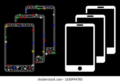 Glowing mesh smartphones icon with glare effect. Abstract illuminated model of smartphones. Shiny wire frame triangular mesh smartphones icon. Vector abstraction on a black background.