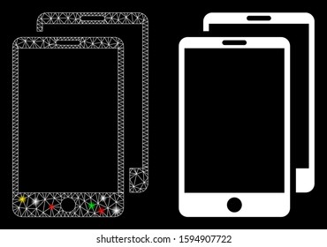 Glowing mesh smartphones icon with sparkle effect. Abstract illuminated model of smartphones. Shiny wire carcass polygonal network smartphones icon. Vector abstraction on a black background.