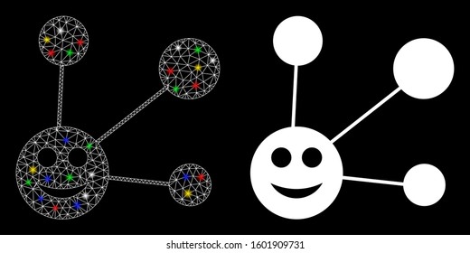 Glowing mesh smile connections icon with lightspot effect. Abstract illuminated model of smile connections. Shiny wire frame polygonal mesh smile connections icon.