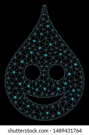 Glowing mesh smile drop with sparkle effect. Abstract illuminated model of smile drop icon. Shiny wire frame triangular mesh smile drop. Vector abstraction on a black background.