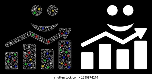 Glowing mesh smile growing chart icon with lightspot effect. Abstract illuminated model of smile growing chart. Shiny wire frame polygonal network smile growing chart icon.