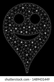 Glowing mesh smile smiley map marker with glare effect. Abstract illuminated model of smile smiley map marker icon. Shiny wire carcass polygonal network smile smiley map marker.