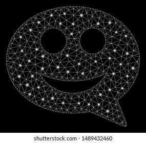Glowing mesh smile smiley message with lightspot effect. Abstract illuminated model of smile smiley message icon. Shiny wire frame triangular mesh smile smiley message.