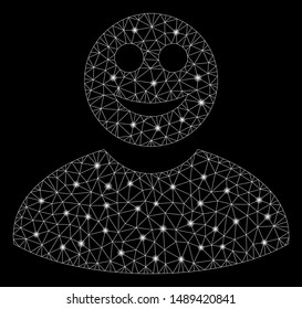 Glowing mesh smiled man with glow effect. Abstract illuminated model of smiled man icon. Shiny wire carcass triangular mesh smiled man. Vector abstraction on a black background.