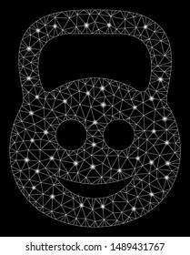 Glowing mesh smiled ton weight with glare effect. Abstract illuminated model of smiled ton weight icon. Shiny wire carcass triangular mesh smiled ton weight. Vector abstraction on a black background.
