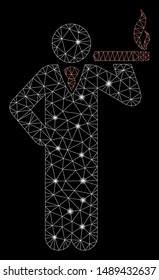 Glowing mesh smoking with glare effect. Abstract illuminated model of smoking icon. Shiny wire carcass triangular network smoking. Vector abstraction on a black background.