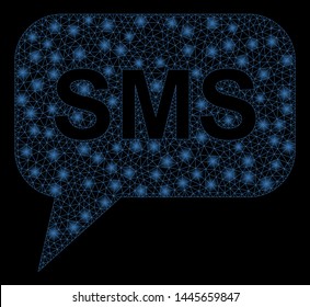 Glowing mesh SMS with glitter effect. Abstract illuminated model of SMS icon. Shiny wire frame triangular mesh SMS. Vector abstraction on a black background.