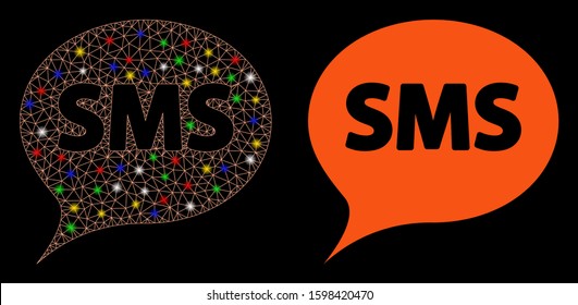 Glowing mesh SMS icon with lightspot effect. Abstract illuminated model of SMS. Shiny wire frame polygonal mesh SMS icon. Vector abstraction on a black background.