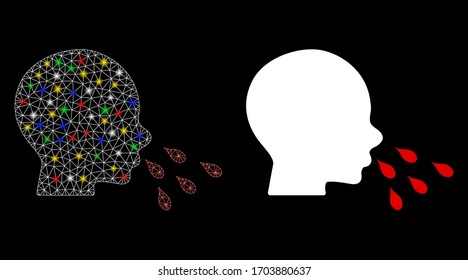 Glowing mesh sneezing man with glow effect. Abstract illuminated model of sneezing man icon. White wire frame triangular network sneezing man and base icon. Vector abstraction on a black background.