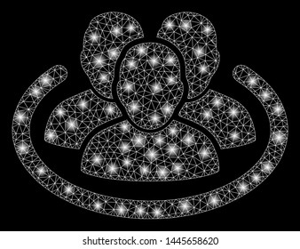 Glowing mesh social network with glare effect. Abstract illuminated model of social network icon. Shiny wire frame polygonal mesh social network. Vector abstraction on a black background.