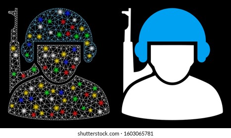 Glowing mesh soldier icon with glare effect. Abstract illuminated model of soldier. Shiny wire frame polygonal mesh soldier icon. Vector abstraction on a black background.