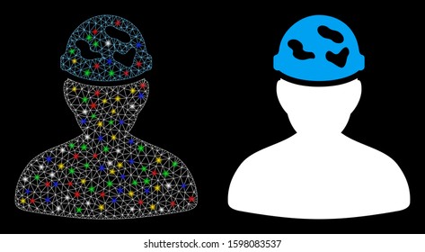 Glowing mesh soldier under spotted helmet icon with glitter effect. Abstract illuminated model of soldier under spotted helmet. Shiny wire frame triangular network soldier under spotted helmet icon.