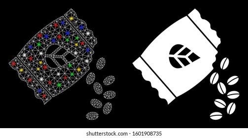 Glowing mesh sow seed pack icon with lightspot effect. Abstract illuminated model of sow seed pack. Shiny wire frame polygonal network sow seed pack icon. Vector abstraction on a black background.