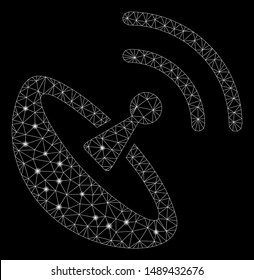 Glowing mesh space antenna with sparkle effect. Abstract illuminated model of space antenna icon. Shiny wire frame polygonal mesh space antenna. Vector abstraction on a black background.