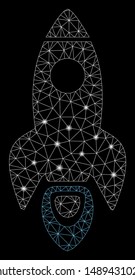 Glowing mesh space rocket with lightspot effect. Abstract illuminated model of space rocket icon. Shiny wire carcass polygonal mesh space rocket. Vector abstraction on a black background.