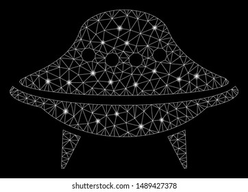 Glowing mesh space ship with glitter effect. Abstract illuminated model of space ship icon. Shiny wire carcass triangular network space ship. Vector abstraction on a black background.