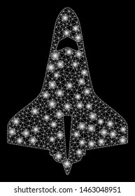 Glowing mesh space shuttle with glitter effect. Abstract illuminated model of space shuttle icon. Shiny wire frame polygonal network space shuttle. Vector abstraction on a black background.