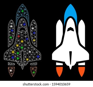 Glowing mesh space shuttle icon with sparkle effect. Abstract illuminated model of space shuttle. Shiny wire carcass polygonal mesh space shuttle icon. Vector abstraction on a black background.