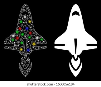 Glowing mesh space shuttle icon with glare effect. Abstract illuminated model of space shuttle. Shiny wire carcass polygonal mesh space shuttle icon. Vector abstraction on a black background.