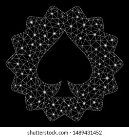 Glowing mesh spades token with sparkle effect. Abstract illuminated model of spades token icon. Shiny wire carcass triangular network spades token. Vector abstraction on a black background.