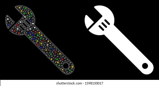 Glowing mesh spanner icon with glare effect. Abstract illuminated model of spanner. Shiny wire frame triangular mesh spanner icon. Vector abstraction on a black background.