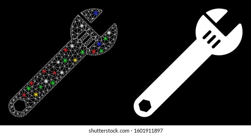 Glowing mesh spanner icon with glow effect. Abstract illuminated model of spanner. Shiny wire frame triangular mesh spanner icon. Vector abstraction on a black background.