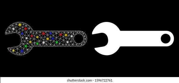 Glowing mesh spanner icon with sparkle effect. Abstract illuminated model of spanner. Shiny wire frame polygonal mesh spanner icon. Vector abstraction on a black background.