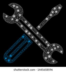 Glowing mesh spanner and screwdriver with glare effect. Abstract illuminated model of spanner and screwdriver icon. Shiny wire frame triangular mesh spanner and screwdriver.