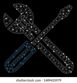 Glowing mesh spanner and screwdriver with lightspot effect. Abstract illuminated model of spanner and screwdriver icon. Shiny wire frame polygonal mesh spanner and screwdriver.