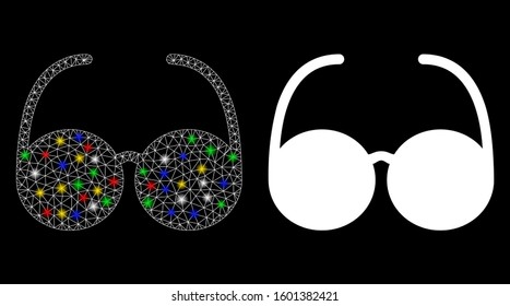 Glowing mesh spectacles icon with glare effect. Abstract illuminated model of spectacles. Shiny wire carcass triangular network spectacles icon. Vector abstraction on a black background.