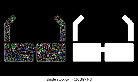 Glowing mesh spectacles icon with lightspot effect. Abstract illuminated model of spectacles. Shiny wire carcass polygonal mesh spectacles icon. Vector abstraction on a black background.