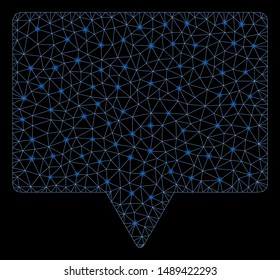 Glowing mesh speech with glare effect. Abstract illuminated model of speech icon. Shiny wire frame triangular mesh speech. Vector abstraction on a black background.