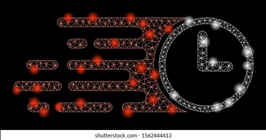 Glowing mesh speed time with sparkle effect. Abstract illuminated model of speed time icon. Shiny wire frame polygonal mesh speed time. Vector abstraction on a black background.