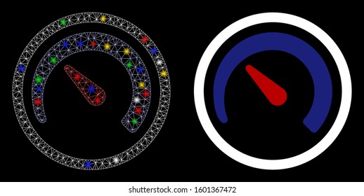 Glowing mesh speedometer icon with glow effect. Abstract illuminated model of speedometer. Shiny wire frame triangular mesh speedometer icon. Vector abstraction on a black background.