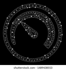 Glowing mesh speedometer with sparkle effect. Abstract illuminated model of speedometer icon. Shiny wire carcass triangular mesh speedometer. Vector abstraction on a black background.