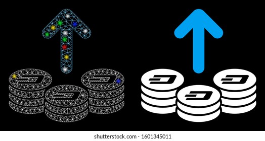 Glowing mesh spend Dash coins icon with glare effect. Abstract illuminated model of spend Dash coins. Shiny wire frame triangular network spend Dash coins icon.