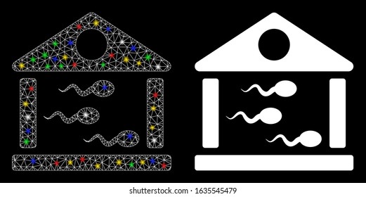 Glowing mesh sperm bank icon with glare effect. Abstract illuminated model of sperm bank. Shiny wire carcass polygonal mesh sperm bank icon. Vector abstraction on a black background.