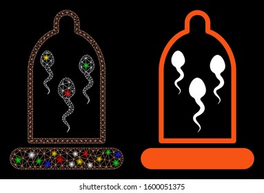 Glowing mesh sperm in condom icon with glitter effect. Abstract illuminated model of sperm in condom. Shiny wire frame triangular mesh sperm in condom icon. Vector abstraction on a black background.