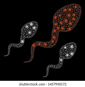 Glowing mesh sperm with glare effect. Abstract illuminated model of sperm icon. Shiny wire frame triangular mesh sperm. Vector abstraction on a black background.